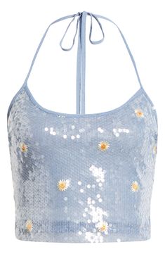 Sparkly, iridescent sequins and floral embroidery add dance-floor-ready charm to this flirty crop top hung from cute halter ties. 10" center front length (size Medium) Exclusive retailer Ties at neck Halter neck Lined 100% polyester Hand wash, dry flat Imported Fitted Sleeveless Crop Top With Contrast Sequin, Summer Party Tops With Floral Embroidery, Spring Crop Top With Contrast Sequin For Night Out, Sequined Crop Top For Night Out In Spring, Glamorous Sequined Summer Crop Top, Summer Embellished Crop Top, Contrast Sequin Crop Top For Night Out In Spring, Contrast Sequin Crop Top For Spring Night Out, Fitted Floral Embroidered Crop Top For Festival