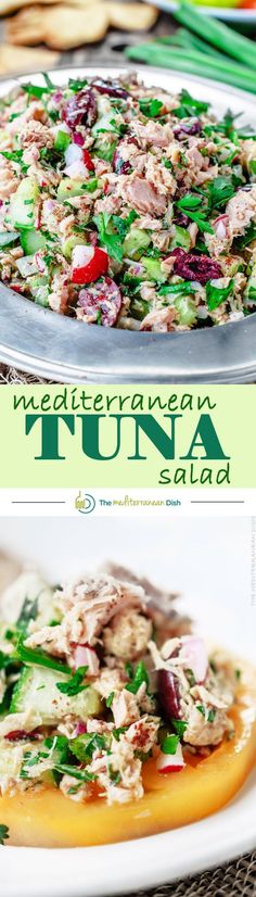 there are two pictures of tuna salad on the same plate, and one has vegetables in it