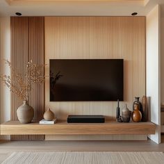 a flat screen tv sitting on top of a wooden shelf in front of a wall