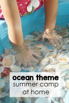 a child's hands in a blue tub filled with seashells