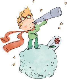 a drawing of a boy looking through a telescope on top of a rock with stars