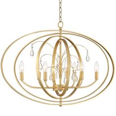 a gold chandelier with five lights hanging from the center and two circular rings around it