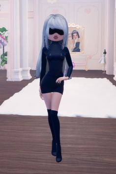 a woman with blue hair and black stockings is standing in the middle of a room