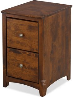 a wooden night stand with two drawers on one side and an open drawer on the other