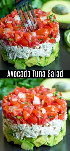 avocado tuna salad with tomatoes and cucumber on the side is being held up by a fork