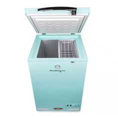 an ice chest freezer with the door open and its lid closed, on a white background