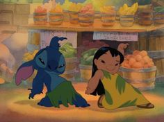 the pooh and stitch characters are in front of a fruit stand with oranges