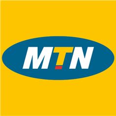 the mtn logo is shown in white and blue on a yellow background with an orange border