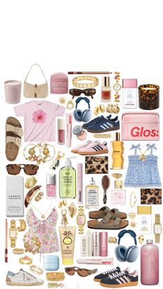 a collage of various items including shoes, handbags and perfumes