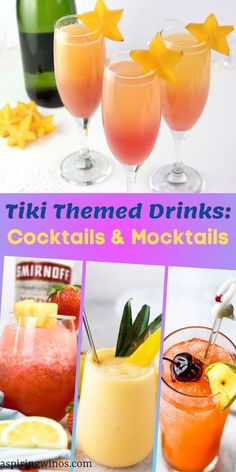 various cocktails and drinks with text that reads tiki themed drinks cocktails & mocktails