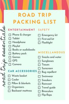 the road trip packing list is shown with colorful stripes and lines on it's side