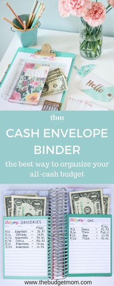 the cash envelope binder is shown with money in front of it, and on top of