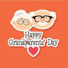 happy grandparents day card with two elderly men and heart shaped glasses on an orange background