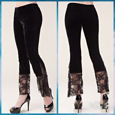 Hot, New Black Velvet Stretchy Pants With Lace Bottom Accent From Vocal Super Cute And Soft Can Be Casual Or Dress Them Up. Fits True To Size. 29" Inseam 40" Long Items From Vocal Don't Come With Tags; They Are In Their Original Packaging. Fitted Bottoms With Lace Trim For Fall, Fitted Pants With Lace Trim For Spring, Spring Party Pants With Lace Trim, Spring Fitted Pants With Lace Trim, Party Bottoms With Lace Trim And Stretch, Fitted Gothic Bottoms For Spring, Stretch Pants With Lace Trim For Night Out, Casual Party Bottoms With Lace Trim, Fitted Gothic Pants For Spring