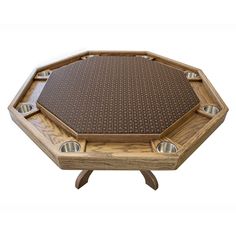 an octagonal wooden table with four legs and two trays on each side, in the shape of a hexagonal structure