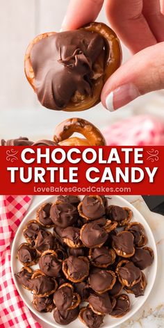 chocolate turtle candy on a white plate with a hand holding it up to the camera