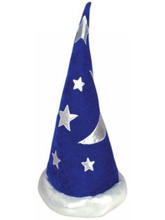 a blue and white party hat with stars on the top, sitting in front of a white background