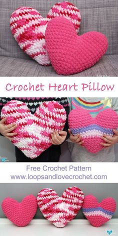 crochet heart pillow is shown in three different colors