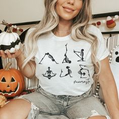 Halloween Namaste Yoga Skeletons On White T Shirt. Size Up For Oversized Fit. Handmade To Order. Desert Bloom, Swiftly Tech Short Sleeve, Namaste Yoga, Yoga Tshirt, Patriotic Shirts, Cool Tees, White T Shirt, White T, Namaste