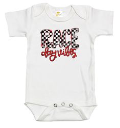 Rapunzie's stylish and energetic "Race Day Vibes" Baby Onesie, designed to showcase your little one's love for the thrill of racing. Carefully crafted with comfort in mind, this onesie is made from 100% cotton, ensuring a soft and gentle feel against your baby's delicate skin. The short sleeves offer optimal freedom of movement for your active little racer. Featuring the captivating caption, "Race Day Vibes," this onesie encapsulates the excitement and energy of race days in a fun and vibrant wa White Onesie With Graphic Print For Playtime, Racing Baby, Busy Parents, Girl Onesies, Soft And Gentle, Race Day, Classic White, Fantastic Gifts, Baby Bodysuit