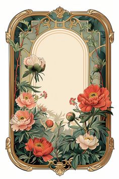 an ornate frame with flowers and leaves on the edges is painted in green, red, yellow and white