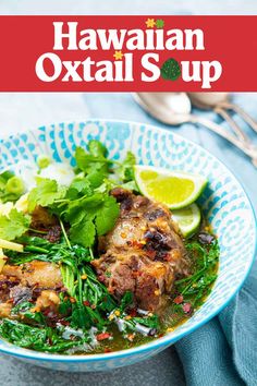 A bowl of Hawaiian Oxtail Soup featuring tender oxtail pieces, fresh greens, and a flavorful broth served in a decorative blue-patterned bowl. Hawaiian Oxtail Soup Recipe, Pickled Daikon Recipe, Meat Soups, Mustard Cabbage, Daikon Recipe, Cooking With Ginger, Oxtail Recipe, Oxtail Soup, Oxtail Stew