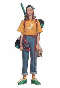 a drawing of a girl with baseball equipment