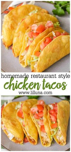 homemade restaurant style chicken tacos with tomatoes and lettuce