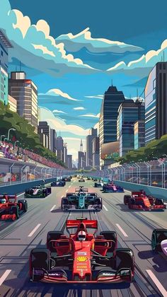 an image of a race track with cars going down the road and buildings in the background