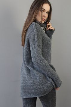 Grey Alpaca Oversized  Slouchy Loose  woman knit sweater. Chunky knit Alpaca sweater dress. Gray Knitted Sweater Dress For Fall, Gray Knit Turtleneck For Fall, Gray Turtleneck Sweater For Winter, Winter Turtleneck Sweater Dress For Layering, Gray Funnel Neck Sweater For Winter, Gray Funnel Neck Turtleneck For Fall, Oversized High Neck Sweater Dress For Winter, Cozy Turtleneck Sweater Dress For Winter, Cozy Gray Turtleneck For Fall