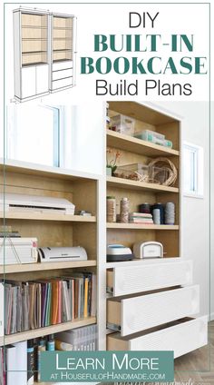 an open bookcase with the words diy built - in bookcase build plans