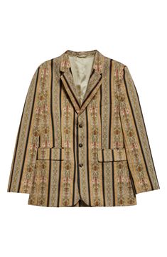 French drapes from circa 1910 served as the pattern model for this elegant single-breasted sport coat perfect for evening-out looks or formal occasions. 30" length (size 42) Front button closure Notched lapels Three-button cuffs Chest welt pocket; front flap pockets Lined 63% polyester, 22% cotton, 15% polyamide Dry clean Imported Designer Clothing Classic Silk Outerwear With Buttons, Designer Silk Blazer With Lapel Collar, Designer Silk Blazer With Hidden Button Closure, Classic Fitted Silk Sport Coat, Classic Silk Fitted Sport Coat, Classic Single Breasted Nehru Jacket For Formal Occasions, Designer Nehru Jacket For Fall Formal Events, Designer Nehru Jacket For Formal Fall Occasions, Designer Nehru Jacket For Fall