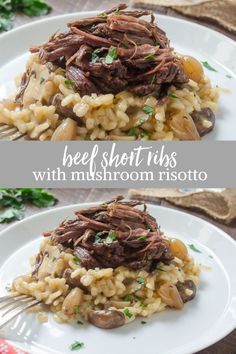 beef short ribs with mushroom risoto served on a white plate and garnished with parsley