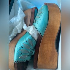 Beautiful Wedges. Made In Italy. Color Aqua. Brand New In Its Box. New With Tags. Blue Leather Mules With Wooden Heel, Blue Leather Open Toe Clogs, Blue Leather Platform Mules, Vintage Blue Open Toe Sandals, Blue 4-inch Wedge Heels, Colored Weave, Leather Embroidery, Wedges Sandals, Color Aqua