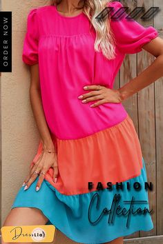 Sweet Color Lump Split Joint Flounce O Neck A Line Dresses Casual Knee-length Color Block Mini Dress, Casual Short Sleeve Color Block Dress, Pink Color Block Mini Dress, Casual Pink Color Block Mini Dress, Pink Color Block Dress For Vacation, Short Sleeve Color Block Dresses For Spring, Spring Color Block Mini Dress With Short Sleeves, Pink Color Block Mini Dress For Summer, Casual Color Block Mini Dress For Summer