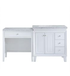 a white vanity with marble top and drawers