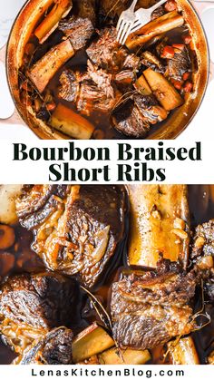 bourbon braised short ribs in a pot with potatoes and carrots on the side