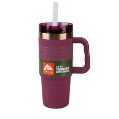 a purple travel mug with a straw in it