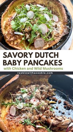 savory dutch baby pancakes with chicken and wild mushrooms in a cast iron skillet