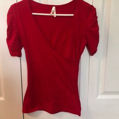 Nwot! Red Top, Low Cut, Ruched Sleeves, Little Less Than Quarter Length Sleeve. Smoke Free Home Fitted Red Cropped T-shirt With Short Sleeves, Cheap Red Raglan Sleeve T-shirt, Red Cotton Short Sleeve T-shirt, Red Relaxed Fit V-neck T-shirt, Red Stretch V-neck T-shirt, Low Cut Top, Red Top, Low Cut, Womens Tops