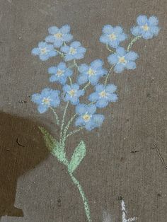 blue flowers painted on the ground next to a sidewalk