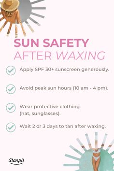 Your skin will be more sensitive after waxing, so be extra careful in the sun:
Apply SPF 30+ sunscreen generously.
Avoid peak sun hours (10 am - 4 pm).
Wear protective clothing (hat, sunglasses).
Wait 3 or three days after tanning Sun Safety, Protective Clothing, Three Days, Tanning, Sunscreen, The Sun, Shower, Sun, Sunglasses