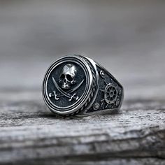 Retro Pirate Stainless Steel Skull Ring – GTHIC Vintage Skull Print Rings As Gift, Stainless Steel Skull Ring As Gift, Gift Engraved Stainless Steel Skull Ring, Skull Rings For Men, Sterling Silver Skull Rings, Gothic Bracelet, Gothic Pendant, Christian Bracelets, Animal Bracelet