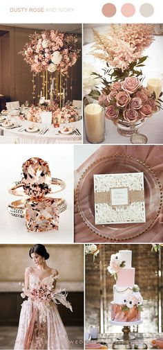 a collage of pink and gold wedding colors with flowers on the top, in different shades