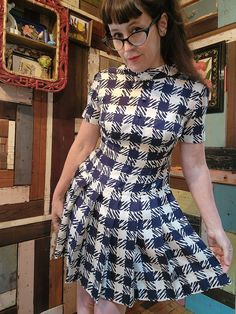 "Adorable 60s silk houndstooth blue and cream print mini dress with buttons- no label  chest 36\" Waist 30\" Hips open Shoulder seam to shoulder seam 15\" Length 33\" Condition very good except one tiny speck spot right below last botton to right (see photos)" Retro Gingham Mini Dress, Fitted Gingham Knee-length Mini Dress, Retro Fitted Knee-length Plaid Dress, Fitted Retro Knee-length Plaid Dress, Fitted Knee-length Retro Plaid Dress, Fitted Houndstooth Plaid Mini Dress, Retro Fitted Mini Length Plaid Dress, Retro Fitted Mini Plaid Dress, Retro Fitted Plaid Mini Dress