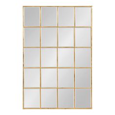 a gold framed mirror on a white wall with multiple squares in the middle and bottom