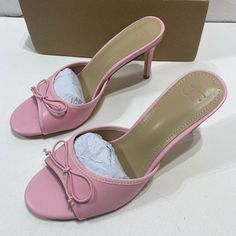 Thanks For Shopping Our Store! Please Ask Any Questions You May Have! Pink Mules With 4-inch Heel For Spring, Feminine High Heel Mules For Spring, Feminine Slip-on Heels For Party, Feminine Open Toe Synthetic Heels, Feminine Slip-on Heels For Spring, Pink Mules With 4-inch Open Heel, Pink Mules With 4-inch Heel And Open Heel, Spring Pink Mules With Padded Heel, Pink Padded Heel Mules For Spring