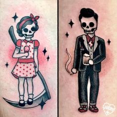 two pictures of people with tattoos on their arms and one has a skeleton holding a cup