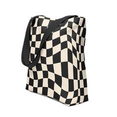 Trendy Tote Bag with Retro Wavy Checkered Black and Cream Pattern by Goth Cloth Co. Retro Square Black Bag, Retro Black Square Bag, Black Retro Square Bag, Black Retro Canvas Bag For Travel, Retro Black Canvas Bag For Travel, Retro Black Canvas Travel Bag, Black Square Cotton Bag, Retro Black Canvas Bag For Daily Use, Black Square Cotton Canvas Bag