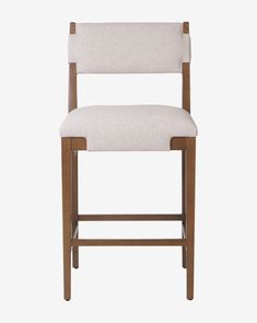 an upholstered bar stool with a wooden frame and fabric seat pad, viewed from the front